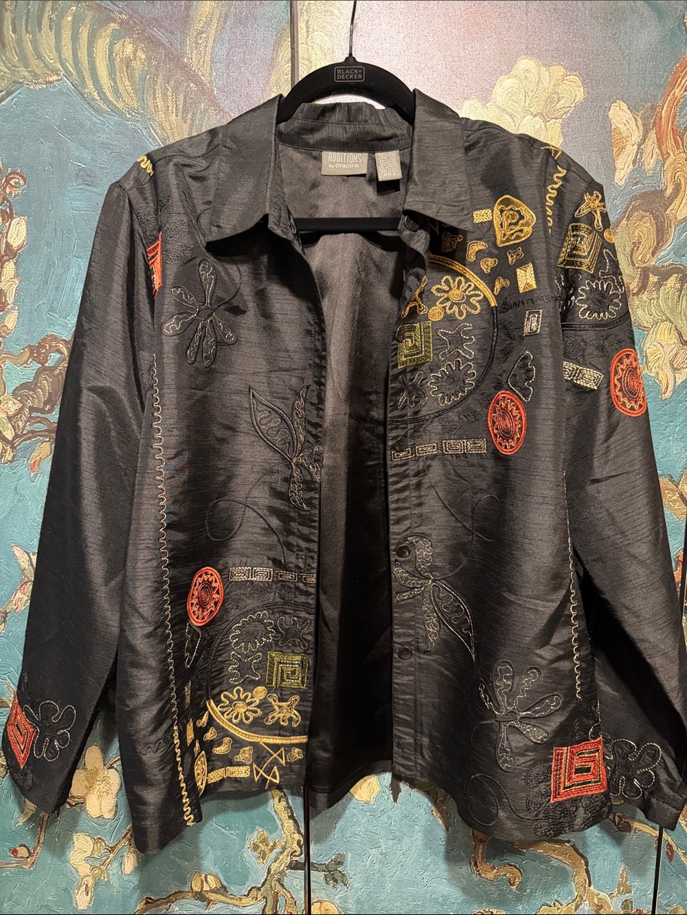 Chico's Black Embroidered Blazer with Red and Gold Accents